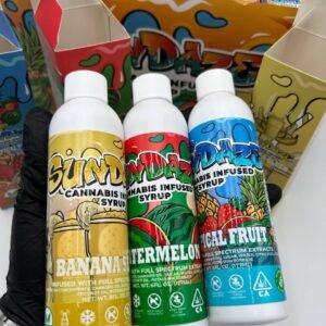 SunDaze 1000MG Infused Syrups 7 flavor collection with colorful fruit-inspired packaging and full-spectrum infused syrup bottles