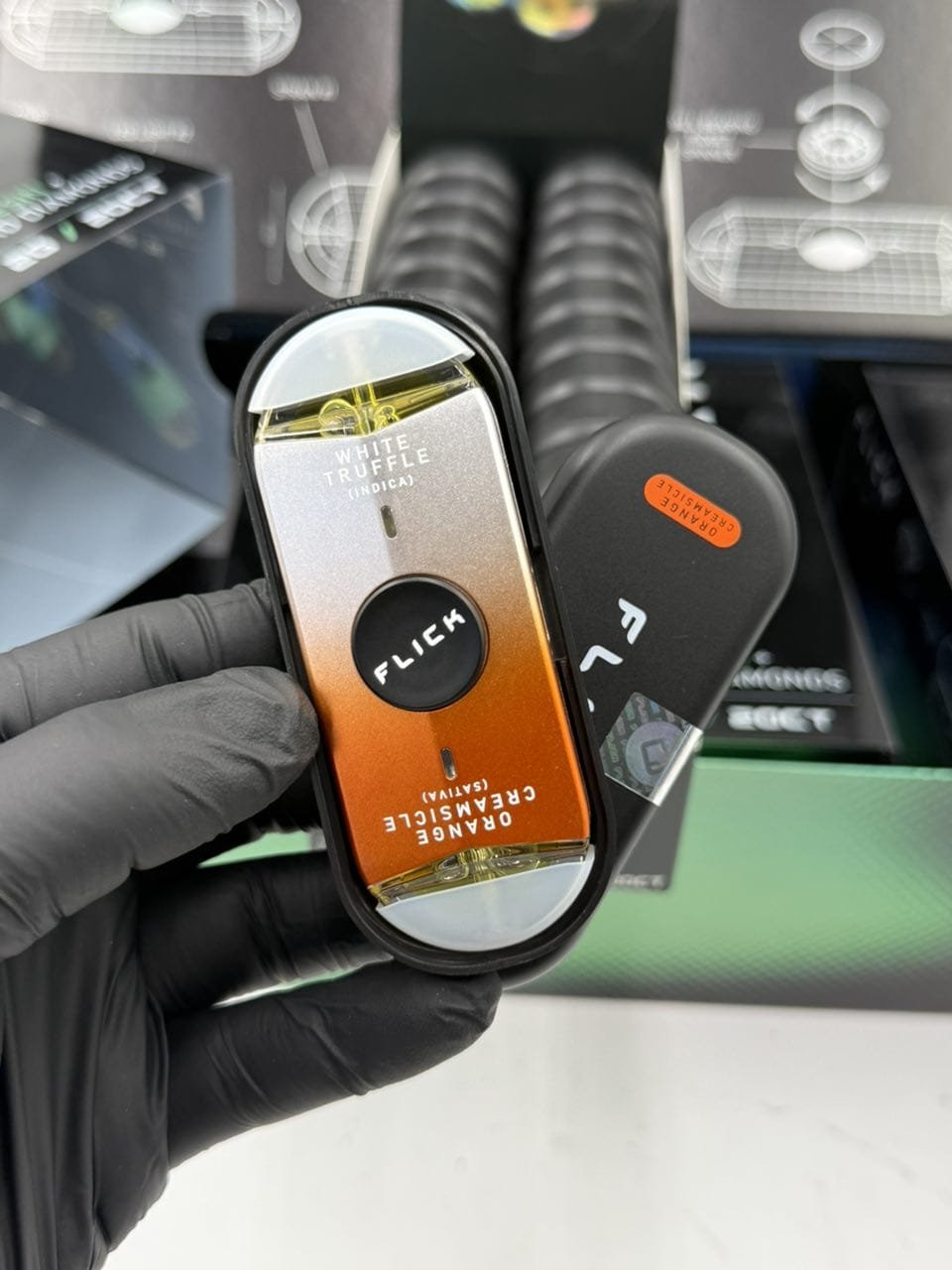 FLICK Fidget 2 Gram Disposable Vape Live Resin Liquid Diamonds White Truffle Orange Creamsicle Dual Chamber Rechargeable Device FLICK Fidget 2 Gram Disposable Vape Live Resin Liquid Diamonds White Truffle Orange Creamsicle Dual Chamber Rechargeable Device