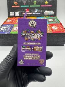 Open Authentic Arcadia Fusion master case containing ten color-coded Liquid Live Diamonds disposable varieties