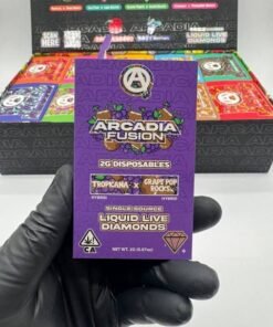 Open Authentic Arcadia Fusion master case containing ten color-coded Liquid Live Diamonds disposable varieties