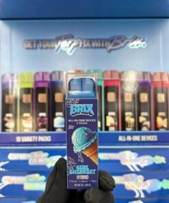 Open Brix 2G Disposable display box containing ten colorful sativa, indica, and hybrid flavor packages
