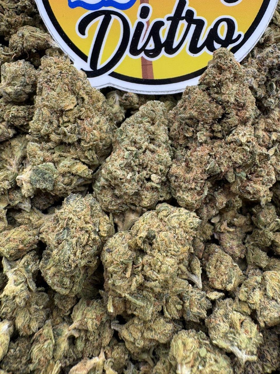 Close-up of chunky green Toxic Lemon Lows cannabis buds beneath the LA Kings Distro sign Close-up of chunky green Toxic Lemon Lows cannabis buds beneath the LA Kings Distro sign