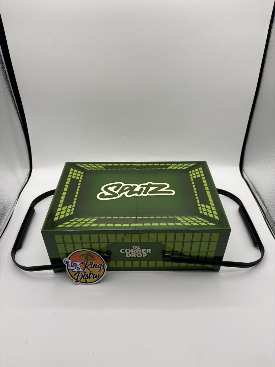 Closed green Splitz The Corner Drop 1/8 jar badder and sugar promotional box with LA Kings Distro logo Closed green Splitz The Corner Drop 1/8 jar badder and sugar promotional box with LA Kings Distro logo