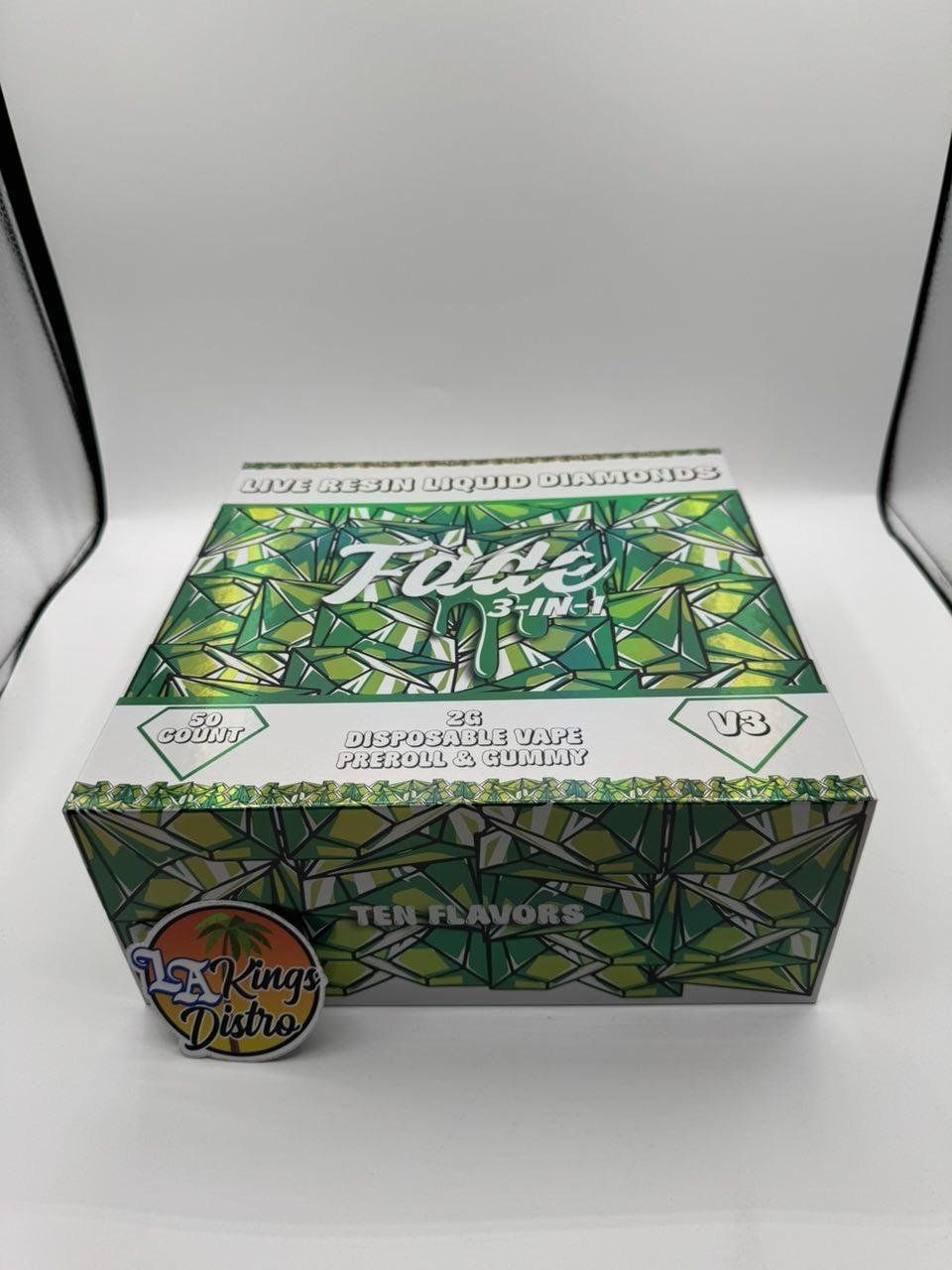 Authentic Fade 2G Disposable 3-in-1 V3 green 50-count master box containing vape, pre-roll, and gummy packs Authentic Fade 2G Disposable 3-in-1 V3 green 50-count master box containing vape, pre-roll, and gummy packs