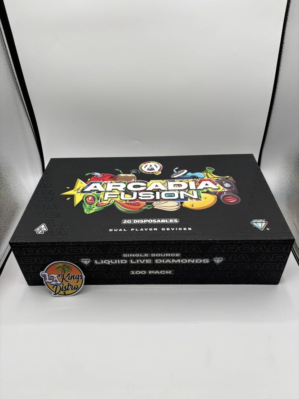 Sealed Authentic Arcadia Fusion 2G Disposable 100-pack master box with dual-flavor Liquid Live Diamonds branding LA Kings Distro logo