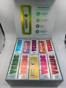 Authentic Verde 1G live rosin disposable devices and strain boxes in retail display packaging