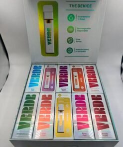 Authentic Verde 1G live rosin disposable devices and strain boxes in retail display packaging