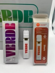 Authentic Verde 1G live rosin disposable devices and strain boxes in retail display packaging