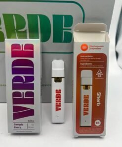 Authentic Verde 1G live rosin disposable devices and strain boxes in retail display packaging
