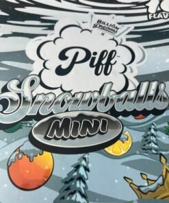 Open jar of Piff Snowball Minis coated buds beside winter-themed 16-flavor packaging