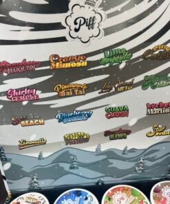 Open jar of Piff Snowball Minis coated buds beside winter-themed 16-flavor packaging