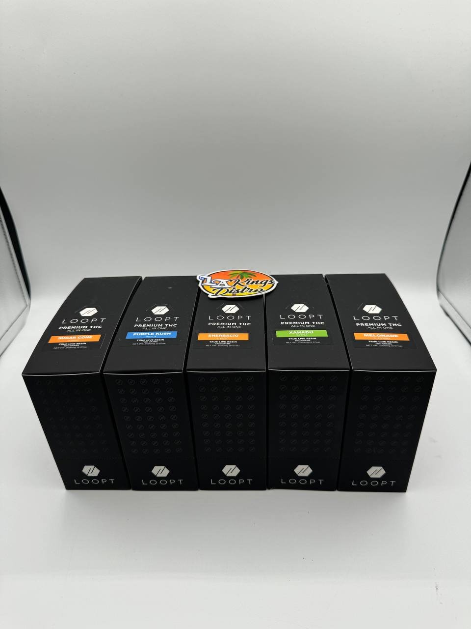 LOOPT 2G magnetic disposable Premium THC all-in-one vapes in Sugar Cone, Purple Kush, Sherbacio, Xanadu and Melonade packaging LOOPT 2G magnetic disposable Premium THC all-in-one vapes in Sugar Cone, Purple Kush, Sherbacio, Xanadu and Melonade packaging