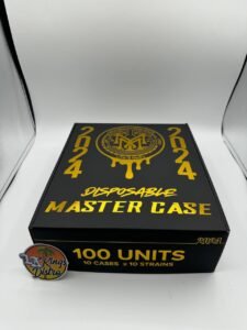 Muha Meds 2G Disposable 2024 Edition black and gold 100-unit master case with 10 cases and 10 strains
