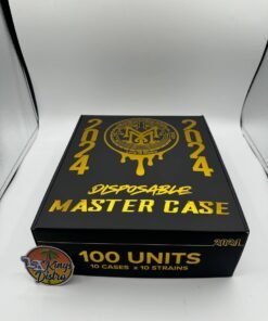 Muha Meds 2G Disposable 2024 Edition black and gold 100-unit master case with 10 cases and 10 strains