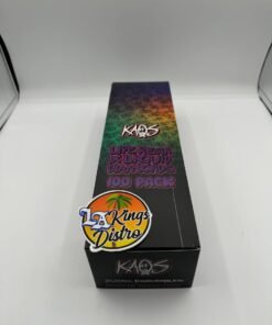 Kaos 2G Disposable Live Resin X Liquid Diamonds 100-pack box with multicolor KAOS Extracts packaging