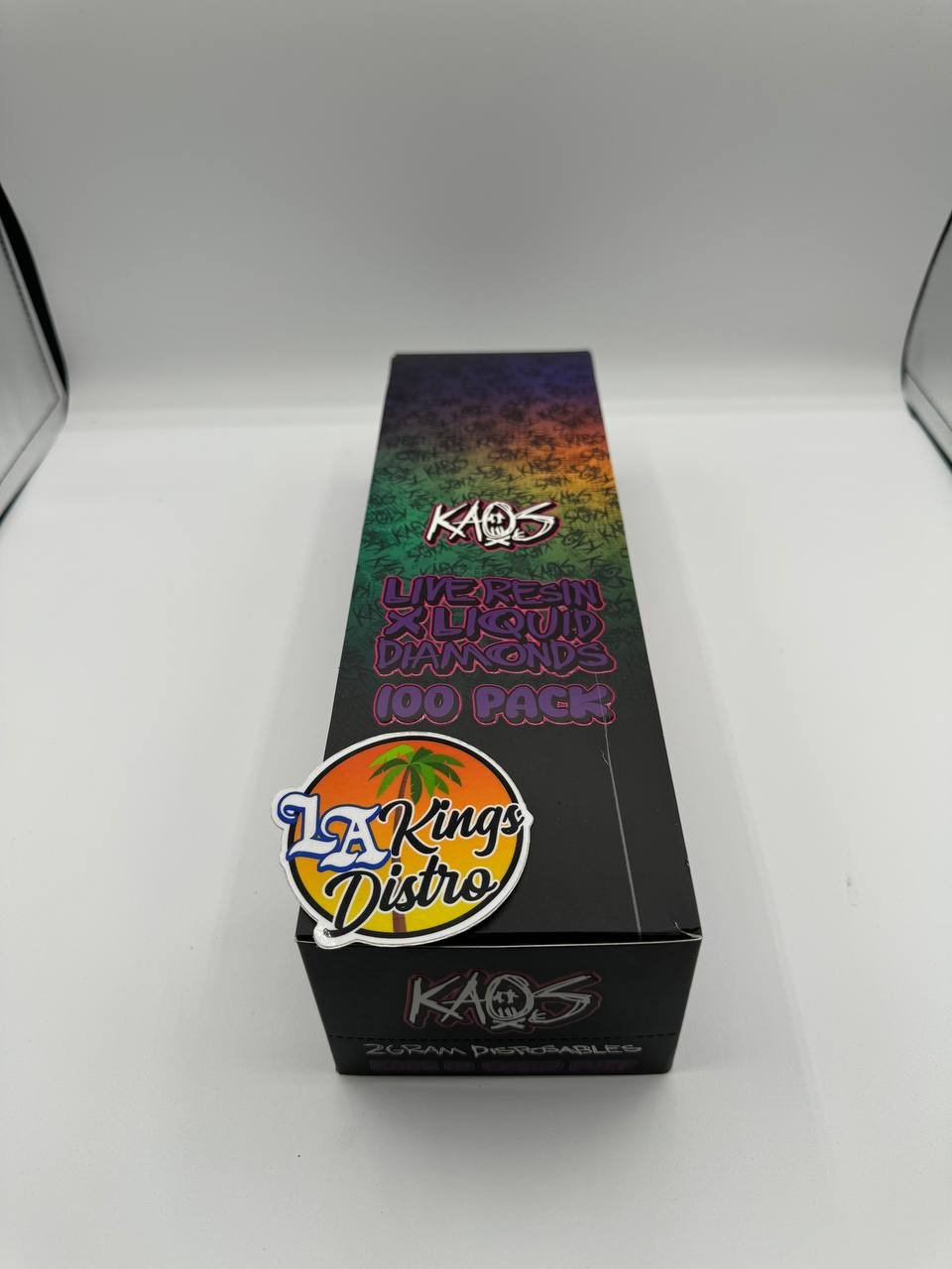 Kaos 2G Disposable Live Resin X Liquid Diamonds 100-pack box with multicolor KAOS Extracts packaging Kaos 2G Disposable Live Resin X Liquid Diamonds 100-pack box with multicolor KAOS Extracts packaging