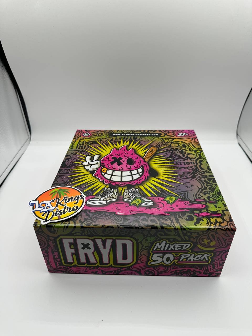 Fryd 2G Disposable new packaging mixed 50-pack box with colorful FRYD artwork and California cannabis labeling Fryd 2G Disposable new packaging mixed 50-pack box with colorful FRYD artwork and California cannabis labeling