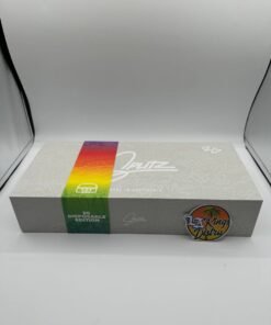 Splitz 2G Disposable Edition box with rainbow band, Made in California branding and dual-chamber 2 gram vape packaging