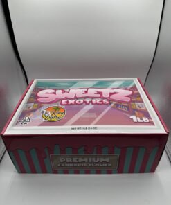 Sweetz Exotics 1LB premium cannabis flower variety box with 16 pre-packed 1oz strains and pink teal packaging