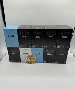 Organic PUSH 2G disposable rechargeable vape boxes displaying ten strain and flavor varieties