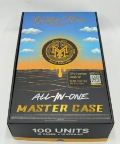 Muha Meds Golden Hour Edition 2G All-In-One 100-unit master case with 10 strains and black gold disposable packaging 2026