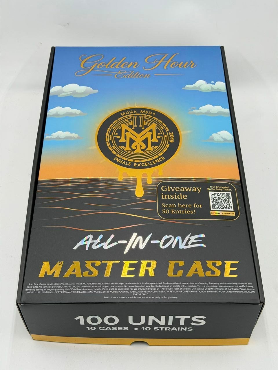 Muha Meds Golden Hour Edition 2G All-In-One 100-unit master case with 10 strains and black gold disposable packaging 2026 Muha Meds Golden Hour Edition 2G All-In-One 100-unit master case with 10 strains and black gold disposable packaging 2026