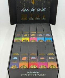 Muha Meds Golden Hour Edition 2G All-In-One 100-unit master case with 10 strains and black gold disposable packaging