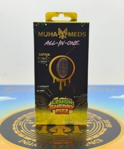 Muha Meds Golden Hour Edition 2G All-In-One 100-unit master case with 10 strains and black gold disposable packaging