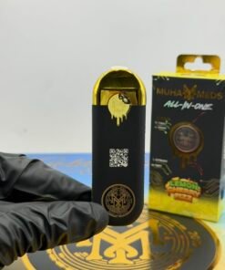 Muha Meds Golden Hour Edition 2G All-In-One 100-unit master case with 10 strains and black gold disposable packaging