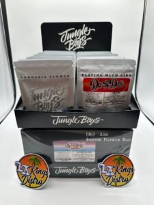 Authentic Jungle Boys 3.5G indoor flower eighth bags with scan codes displayed in 16-count 2 oz master box