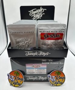 Authentic Jungle Boys 3.5G indoor flower eighth bags with scan codes displayed in 16-count 2 oz master box