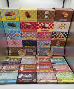 Authentic PolkaDot 4G mushroom Belgian chocolate bars displayed in assorted dessert candy cereal and cookie-inspired flavors