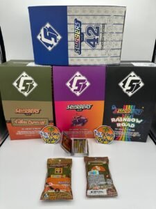 Authentic Sluggers Hit JUICED 3.5G infused pre-roll 5-packs with Fidel’s Especial, Runtz, Rainbow Road and Sluggers Hit 42 packaging