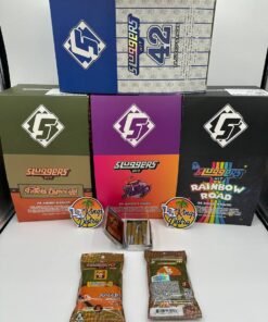 Authentic Sluggers Hit JUICED 3.5G infused pre-roll 5-packs with Fidel’s Especial, Runtz, Rainbow Road and Sluggers Hit 42 packaging