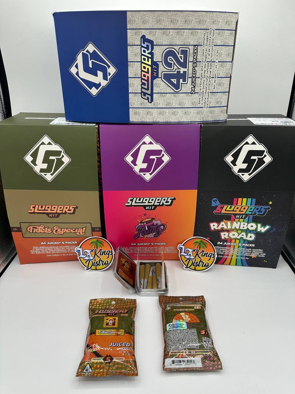 Authentic Sluggers Hit JUICED 3.5G infused pre-roll 5-packs with Fidel’s Especial, Runtz, Rainbow Road and Sluggers Hit 42 packaging Authentic Sluggers Hit JUICED 3.5G infused pre-roll 5-packs with Fidel’s Especial, Runtz, Rainbow Road and Sluggers Hit 42 packaging