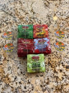 Authentic Faded Fruits 500MG cannabis-infused gummies in Sour Apple, Strawnana, Strawberry Cough, Maui Punch and Pear Herer flavors