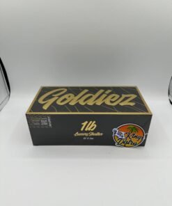 Goldiez Luxury Shatter 1 lb master box labeled 32 0.5 oz half-ounce shatter envelopes in black and gold packaging