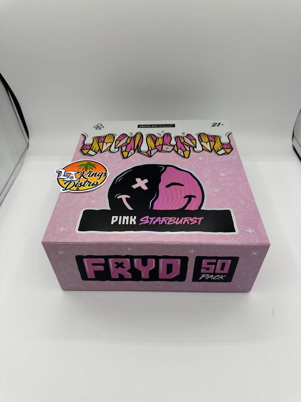 Pink Starburst Fryd 2G disposable 50-pack cannabis vape packaging Pink Starburst Fryd 2G disposable 50-pack cannabis vape packaging