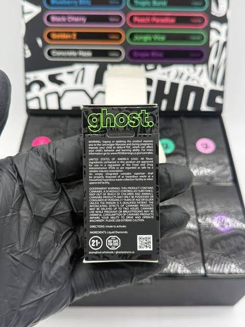 Ghost 2G disposable vape boxes and Ghost branded packaging in black color variants Ghost 2G disposable vape boxes and Ghost branded packaging in black color variants