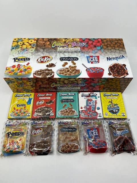 Cinnabon-themed Cereal Bars 600MG cannabis-infused chocolate bar held in a gloved hand Cinnabon-themed Cereal Bars 600MG cannabis-infused chocolate bar held in a gloved hand