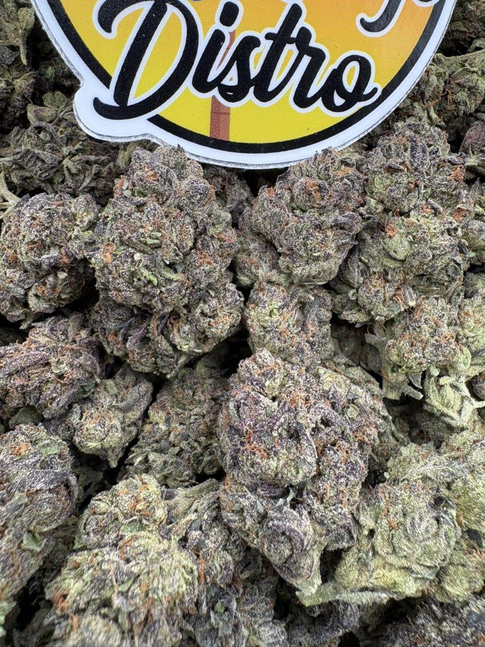Close-up of Red Velvet cannabis flower showing dense purple-green buds, orange pistils and visible trichome coverage Close-up of Red Velvet cannabis flower showing dense purple-green buds, orange pistils and visible trichome coverage