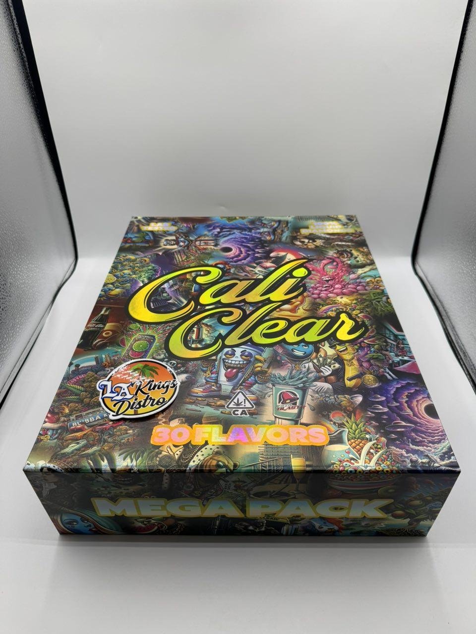 Cali Clear V5 2G Disposable Mega Pack box with colorful illustrated packaging and 30 Flavors branding Cali Clear V5 2G Disposable Mega Pack box with colorful illustrated packaging and 30 Flavors branding