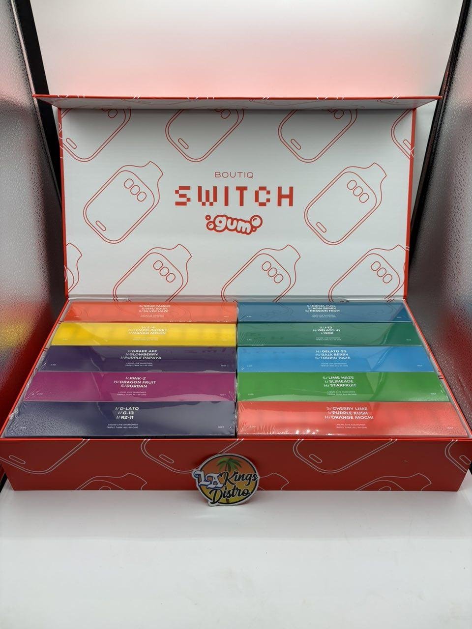 Boutiq Switch GUM 2G Liquid Live Diamonds box featuring Diesel Fuel, Acai Berry and Passion Fruit strain combination Boutiq Switch GUM 2G Liquid Live Diamonds box featuring Diesel Fuel, Acai Berry and Passion Fruit strain combination