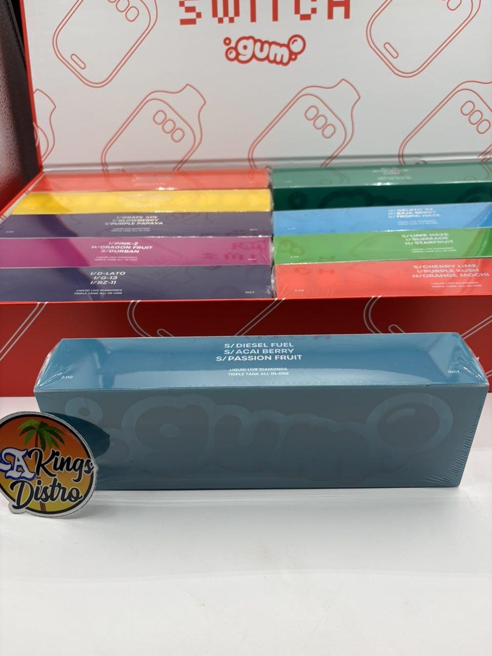 Boutiq Switch GUM 2G disposable collection showing colorful triple-strain Liquid Live Diamonds varieties Boutiq Switch GUM 2G disposable collection showing colorful triple-strain Liquid Live Diamonds varieties