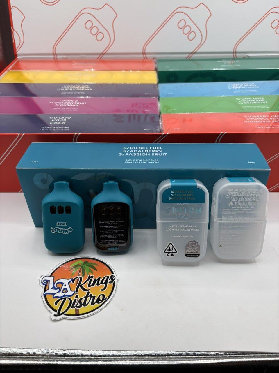 Boutiq Switch GUM 2G triple tank all-in-one vape with Diesel Fuel, Acai Berry and Passion Fruit packaging Boutiq Switch GUM 2G triple tank all-in-one vape with Diesel Fuel, Acai Berry and Passion Fruit packaging