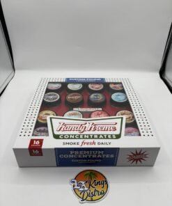 Open Kandy Kreme Premium Concentrates jar showing golden granular cannabis concentrate