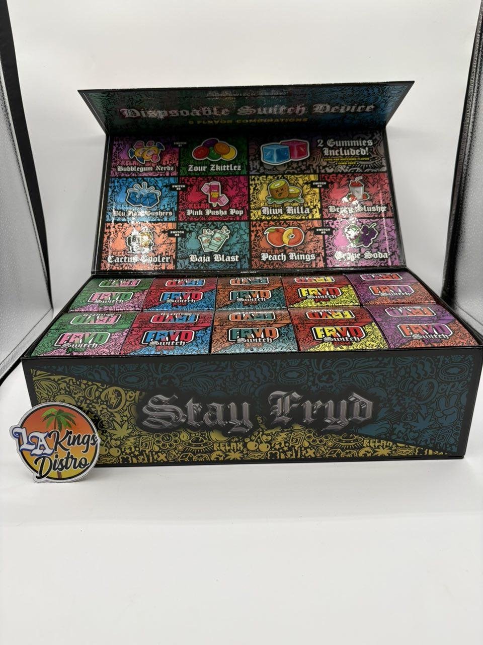 Authentic FRYD Switch 2G Liquid Diamonds and Live Resin dual-flavor disposable with digital display, colorful packaging and two included gummies. Authentic FRYD Switch 2G Liquid Diamonds and Live Resin dual-flavor disposable with digital display, colorful packaging and two included gummies.