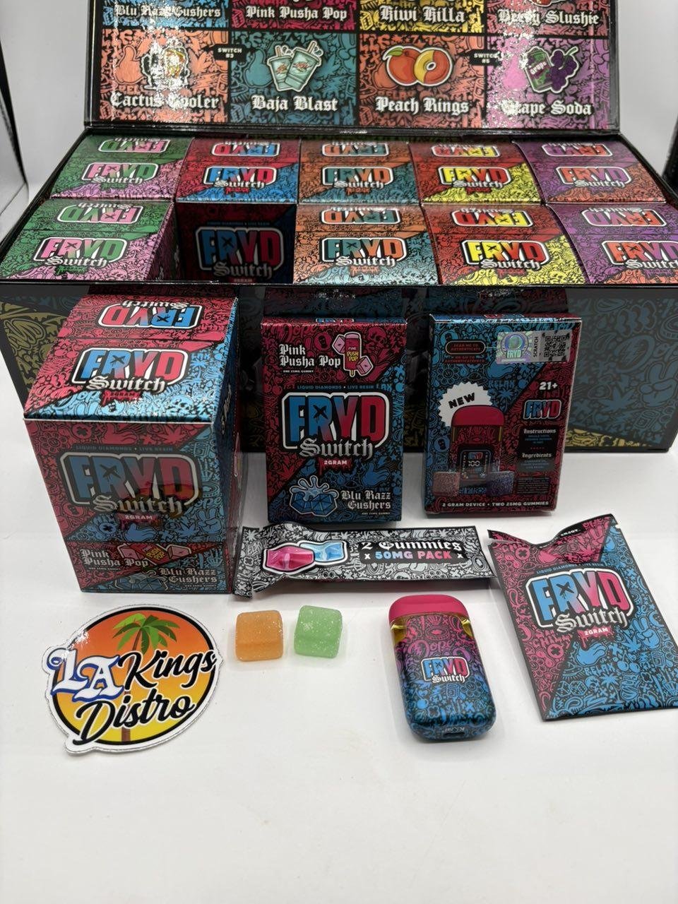 Authentic FRYD Switch 2G Liquid Diamonds and Live Resin dual-flavor disposable with digital display, colorful packaging and two included gummies. Authentic FRYD Switch 2G Liquid Diamonds and Live Resin dual-flavor disposable with digital display, colorful packaging and two included gummies.