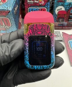 Authentic FRYD Switch 2G Liquid Diamonds and Live Resin dual-flavor disposable with digital display, colorful packaging and two included gummies.