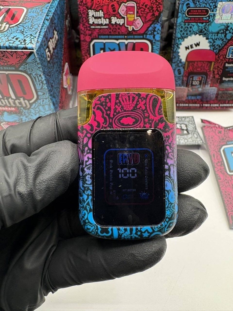 Authentic FRYD Switch 2G Liquid Diamonds and Live Resin dual-flavor disposable with digital display, colorful packaging and two included gummies. Authentic FRYD Switch 2G Liquid Diamonds and Live Resin dual-flavor disposable with digital display, colorful packaging and two included gummies.